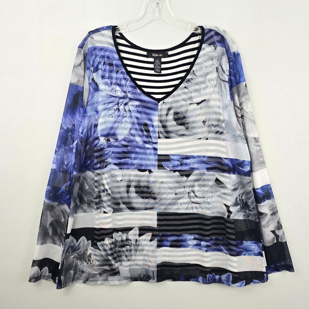Style & Co. Floral Print V-neck Long Sleeve Lined‎ Women Shirt Blue Black L